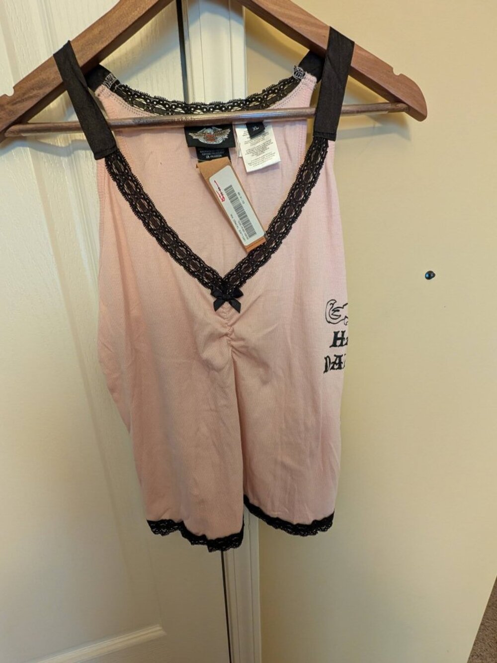 NWT Harley-Davidson Women's Pink Ribbed Cami Tank Top Black Lace Trim - XL
